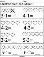 Count and subtract the hearts Math Worksheet