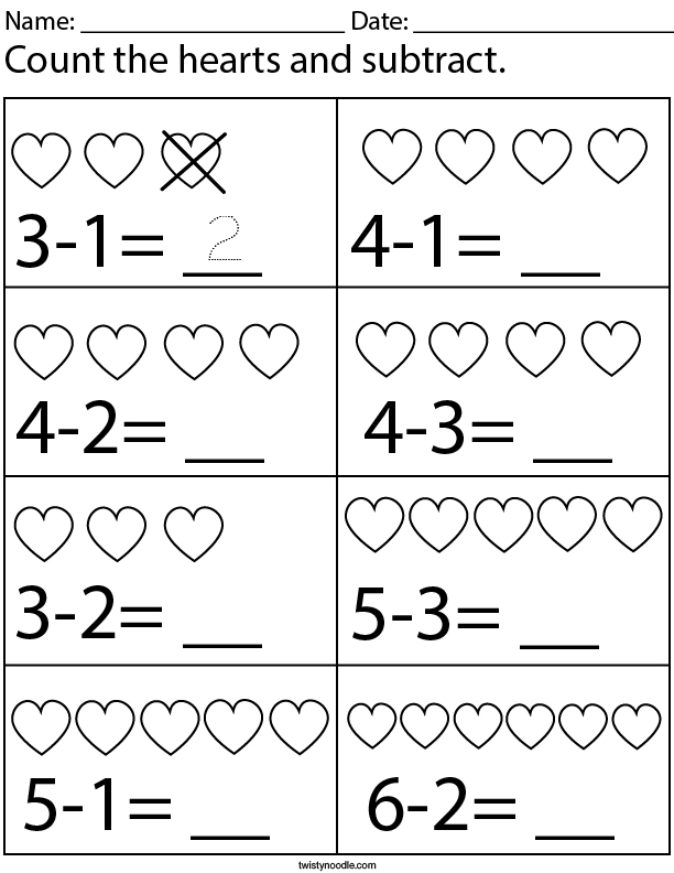 Count and subtract the hearts. Math Worksheet