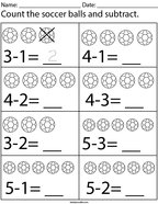 Count and subtract the soccer balls Math Worksheet