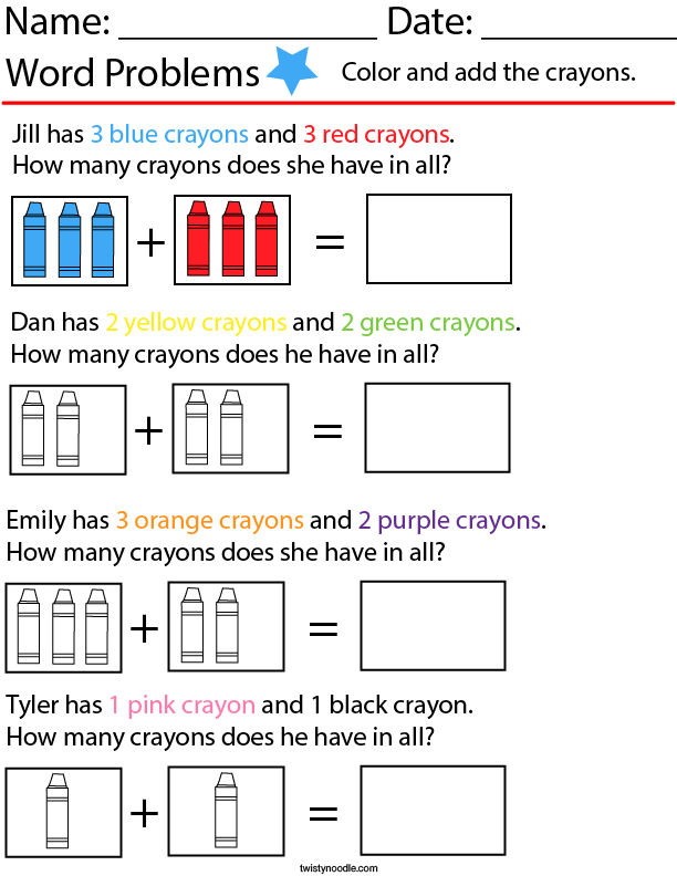 crayon addition word problems kindergarten math worksheet twisty noodle