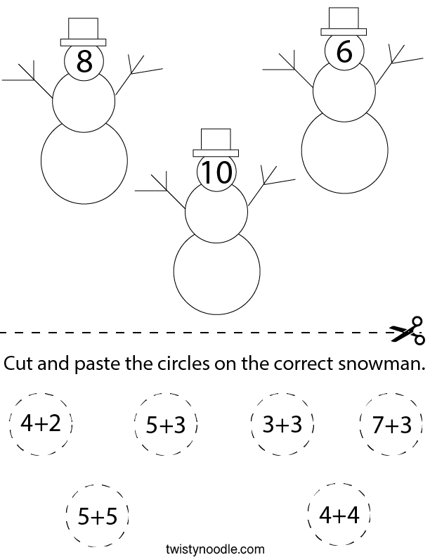 Cut and paste the circles on the correct snowman. Math Worksheet
