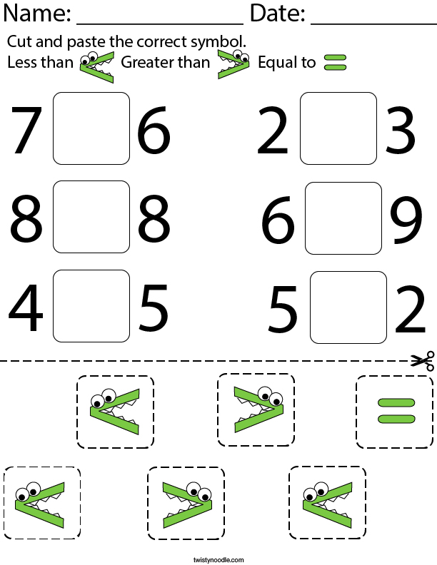 Cut and paste the correct symbol. Math Worksheet
