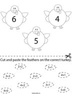 Cut and paste the feathers on the correct turkey Math Worksheet