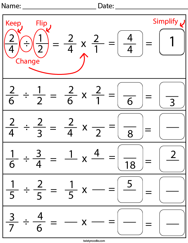 Printable math worksheets dividing fractions