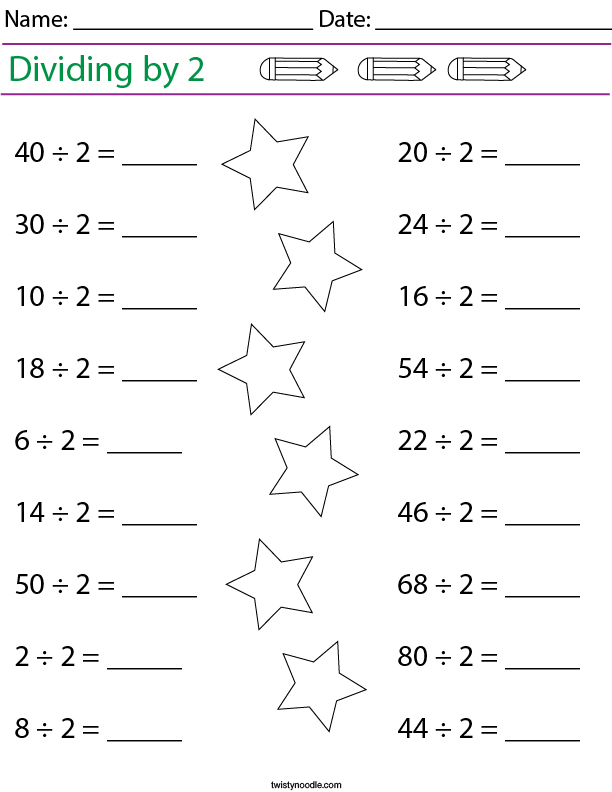 Dividing by 2 Math Worksheet