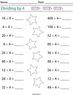 Dividing by 4 Math Worksheet