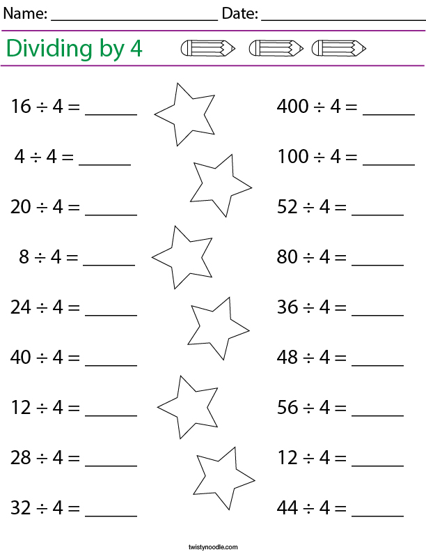 Dividing by 4 Math Worksheet - Twisty Noodle Dividing by 4 Math Worksheet - Twisty Noodle