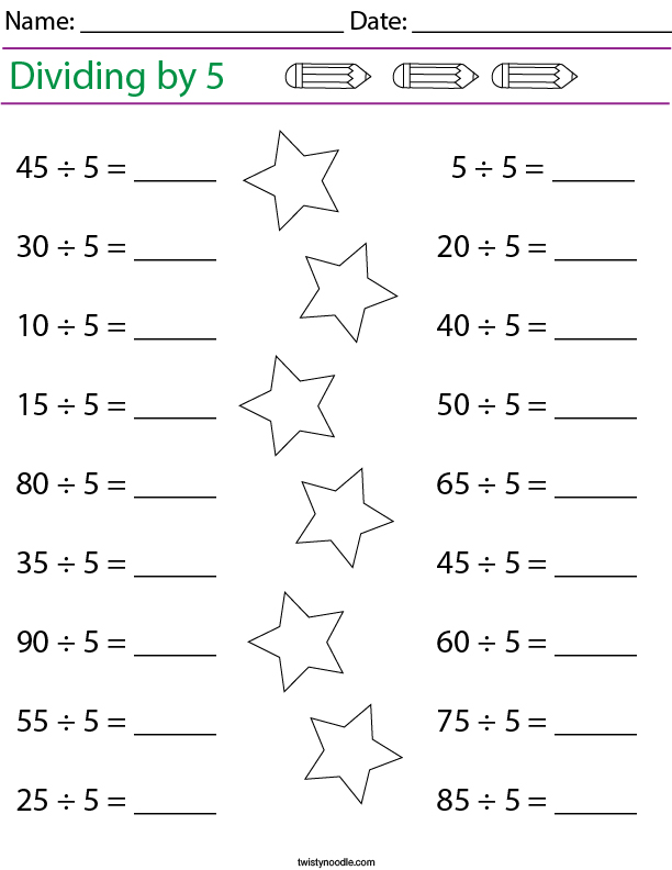 Dividing by 5 Math Worksheet