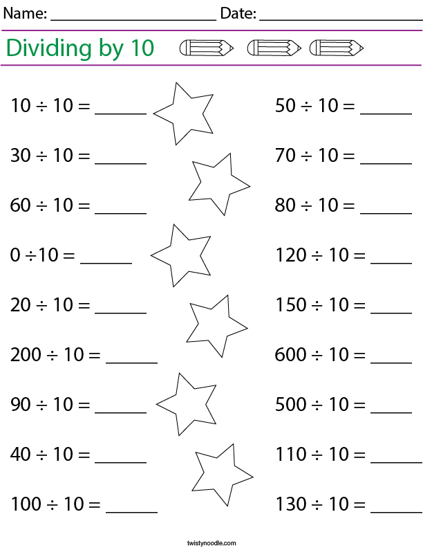 Diving by 10 Math Worksheet