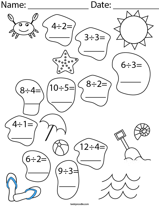 Division- At the Beach Math Worksheet