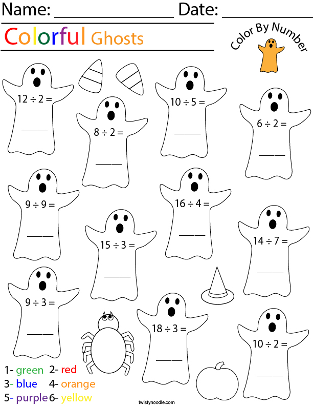 Division Color by Number Ghosts Math Worksheet