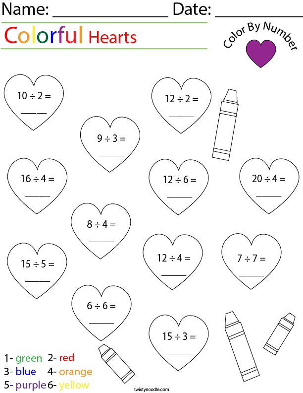 Division Color by Number Hearts Math Worksheet