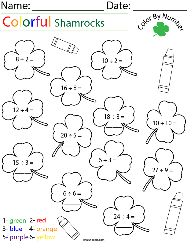 Division Color by Number Shamrocks Math Worksheet