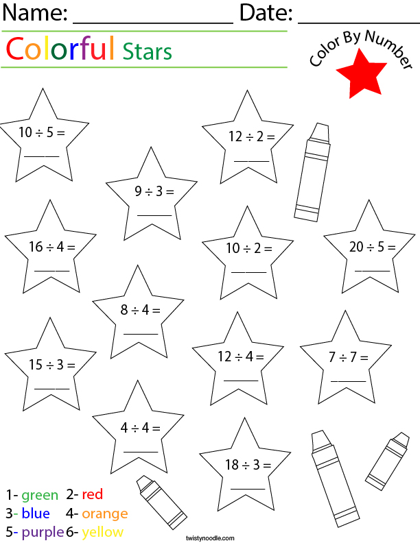 division color by number stars math worksheet twisty noodle