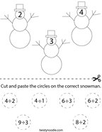 Division- Cut and paste the circles on the correct snowman Math Worksheet
