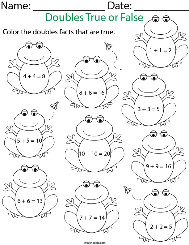 Doubles True or False to 10- Frogs Math Worksheet