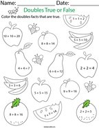 Doubles True or False to 10- Fruit Math Worksheet