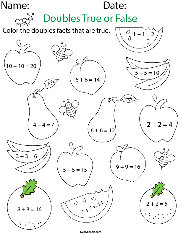 Doubles True or False to 10- Fruit Math Worksheet