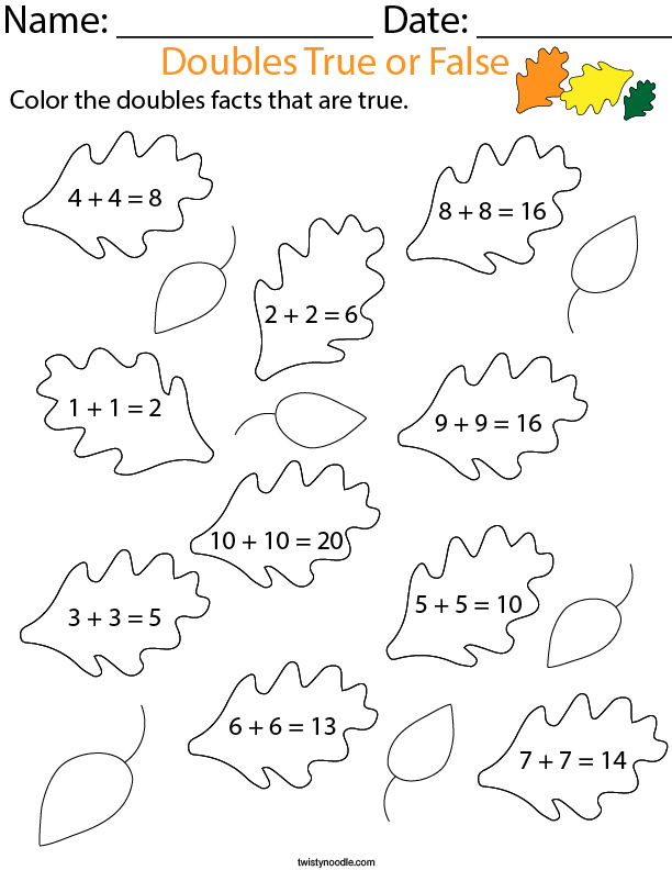 Doubles True or False to 10- Leaves Math Worksheet