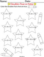 Doubles True or False to 10- Stars Math Worksheet