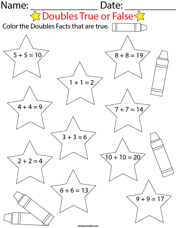 doubles true or false to 10 stars math worksheet twisty noodle