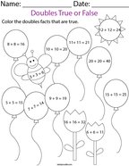 Doubles True or False to 20- Balloons Math Worksheet