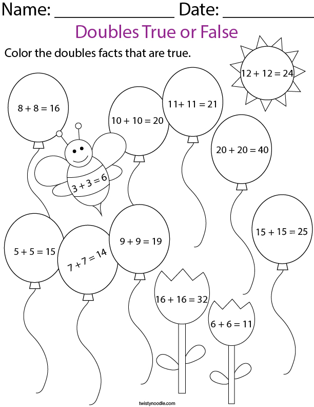 Doubles True or False to 20- Balloons Math Worksheet