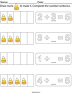 Draw more candy corn to make 5 Math Worksheet
