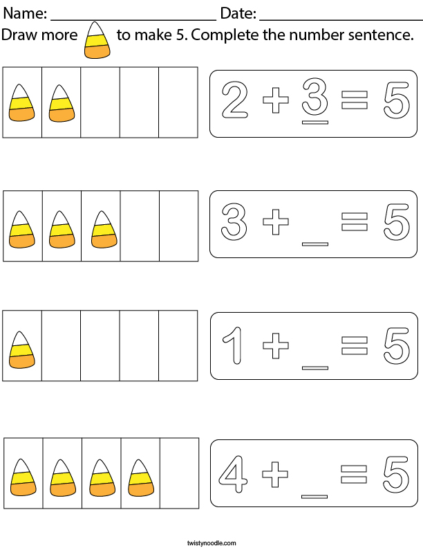 Draw more candy corn to make 5. Math Worksheet
