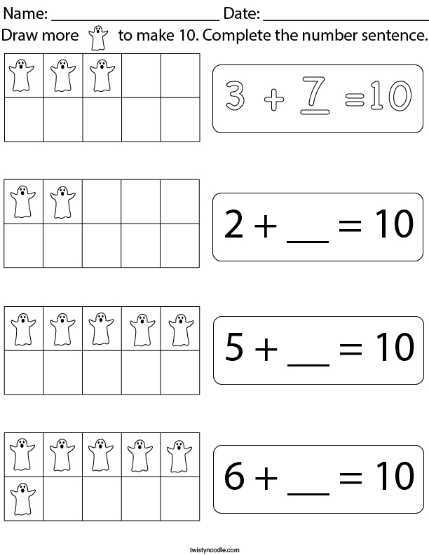 Draw more ghosts to make 10. Math Worksheet