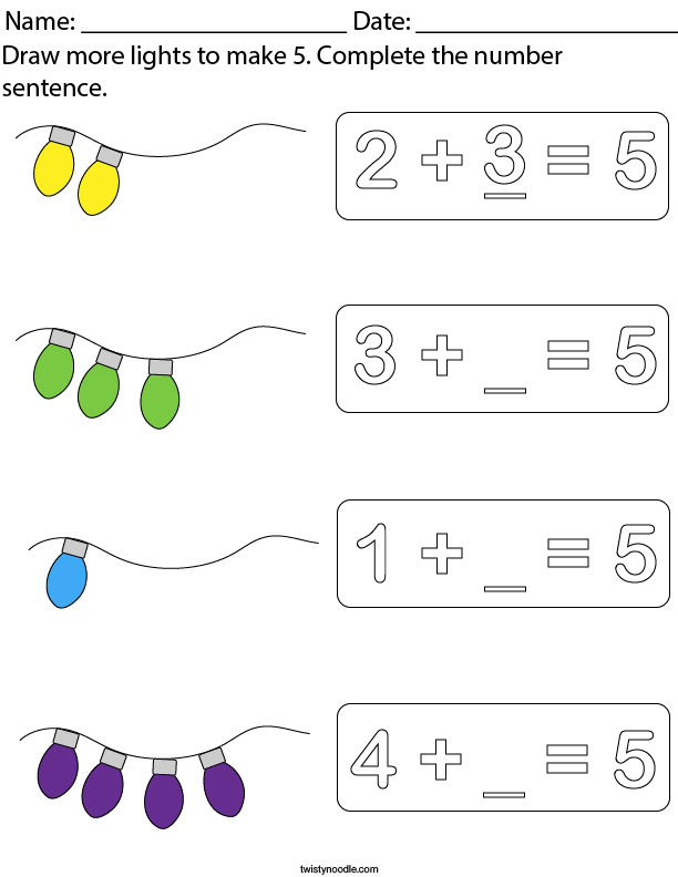 Draw more lights to make 5. Math Worksheet