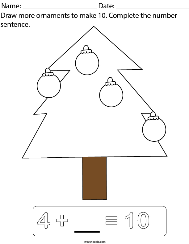 Draw more ornaments to make 10. Math Worksheet