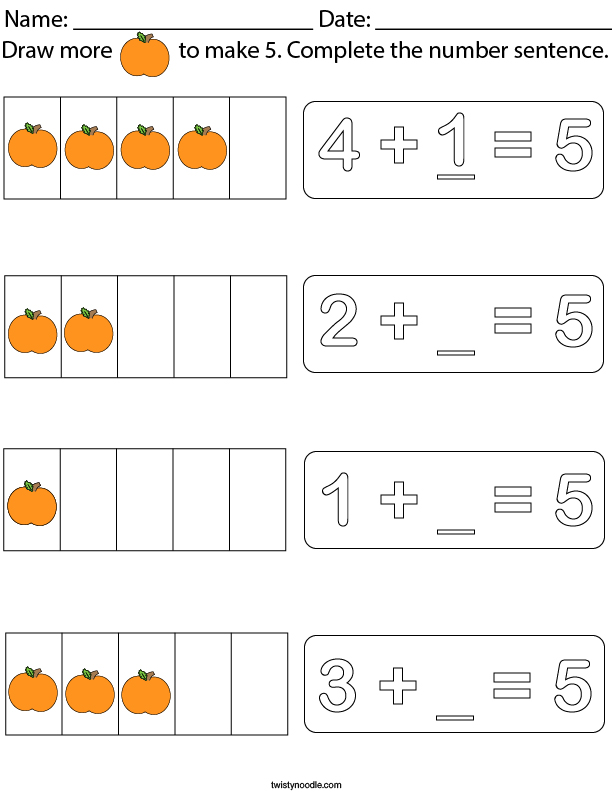 Draw more pumpkins to make 5. Math Worksheet