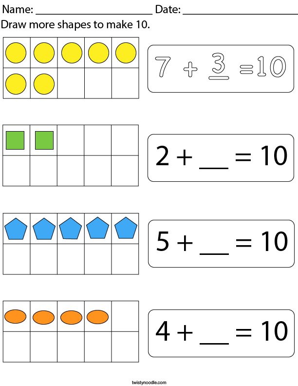Draw more shapes to make 10 Math Worksheet