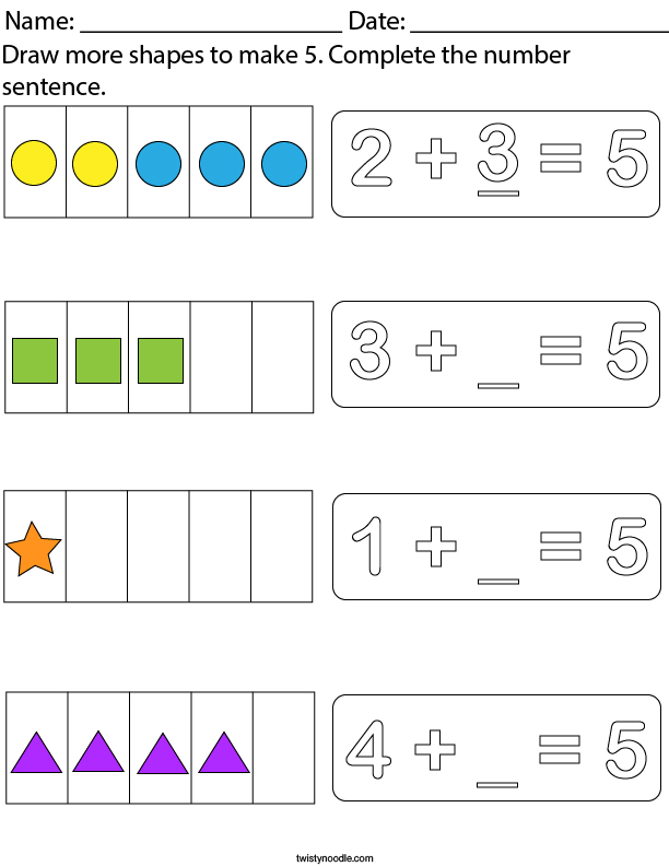 Draw more shapes to make 5. Math Worksheet