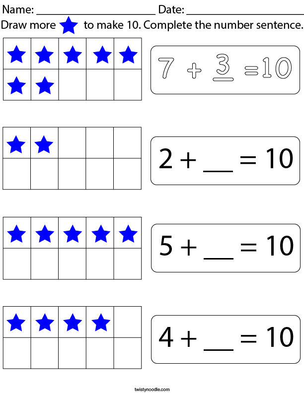 Draw more stars to make 10. Math Worksheet