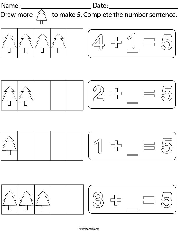 Draw more trees to make 5 Math Worksheet