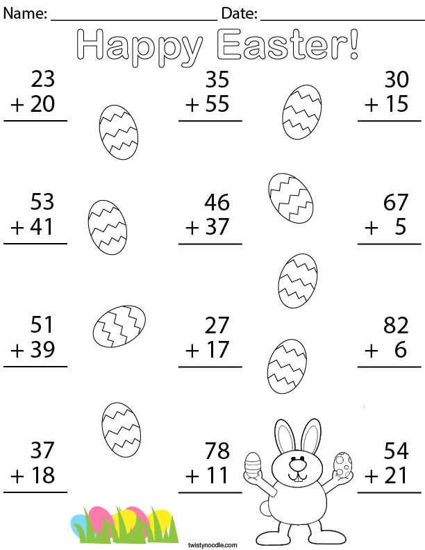 Easter Double Digit Addition Math Worksheet