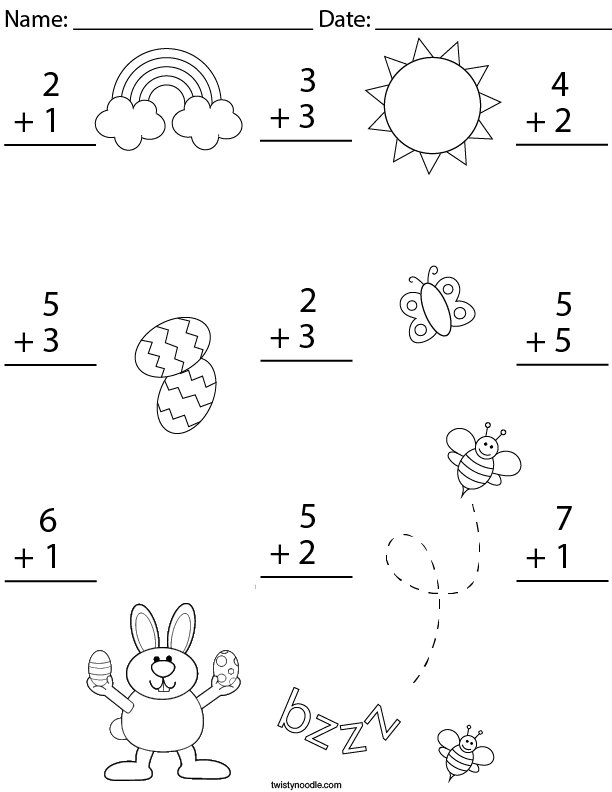 Easter Single Digit Addition Math Worksheet
