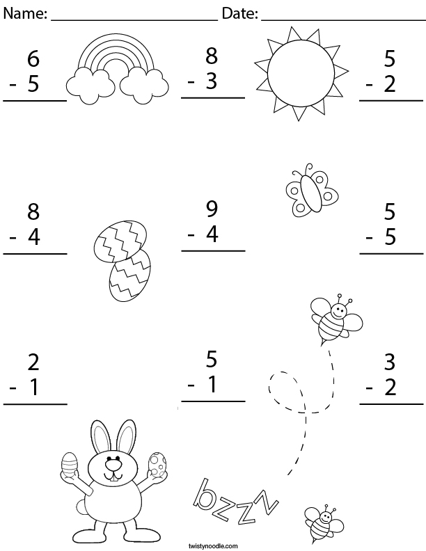 Easter Single Digit Subtraction Math Worksheet