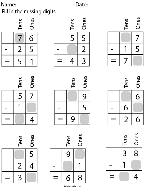 fill in the missing numbers 2 digit subtraction math worksheet twisty noodle