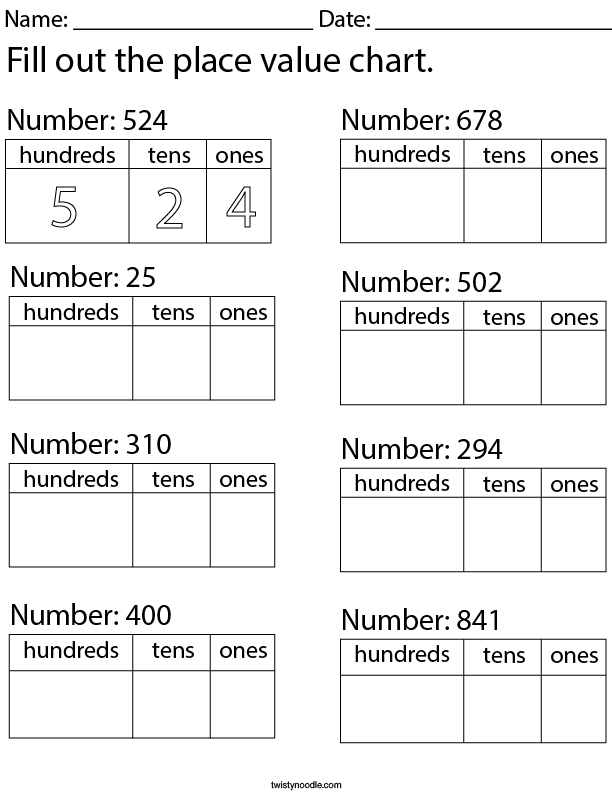 fill out the place value chart 3 digit math worksheet twisty noodle