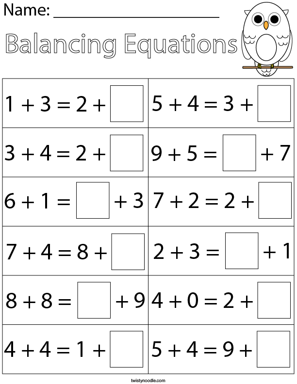 First Grade Balancing Addition Equations Math Worksheet