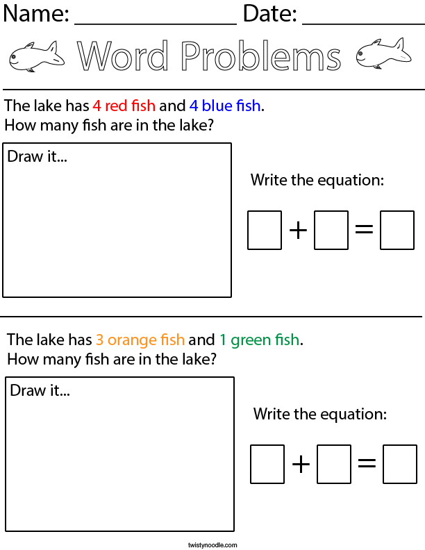 Fish Addition Word Problems- Kindergarten Math Worksheet