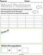 Fish Addition Word Problem with 10 Frames Math Worksheet