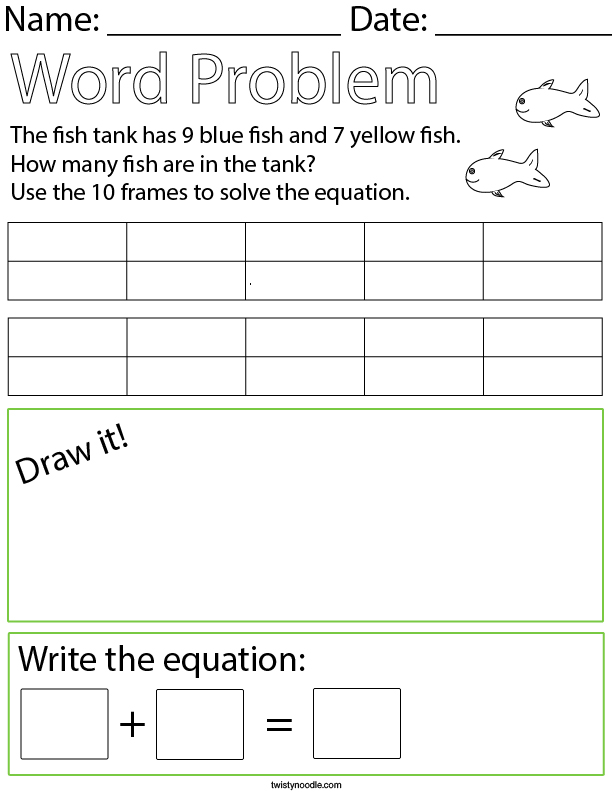 Fish Addition Word Problem with 10 Frames Math Worksheet