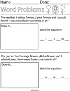 Flower Addition Word Problems Math Worksheet