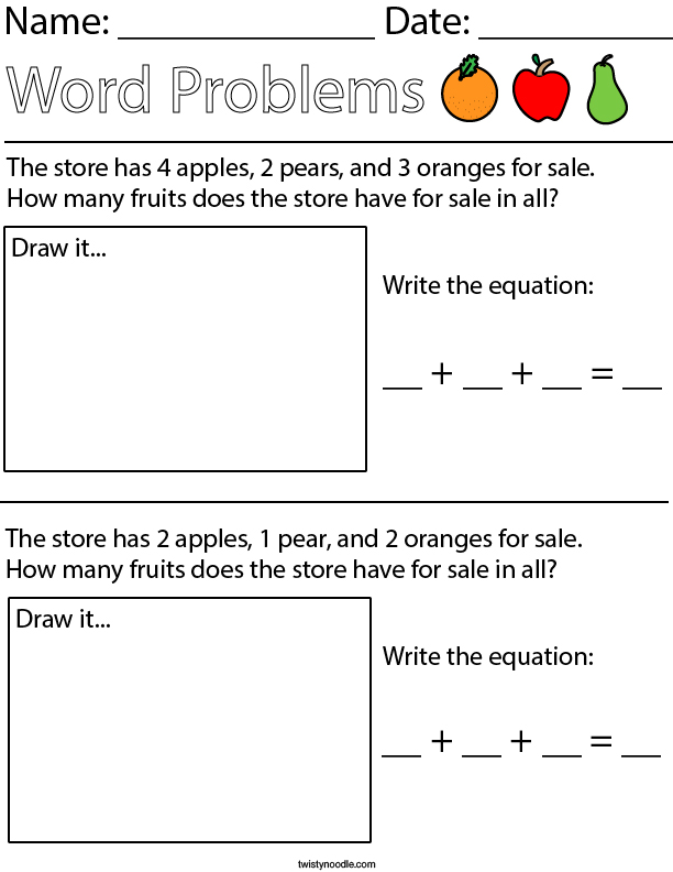 Fruit Addition Word Problems Math Worksheet