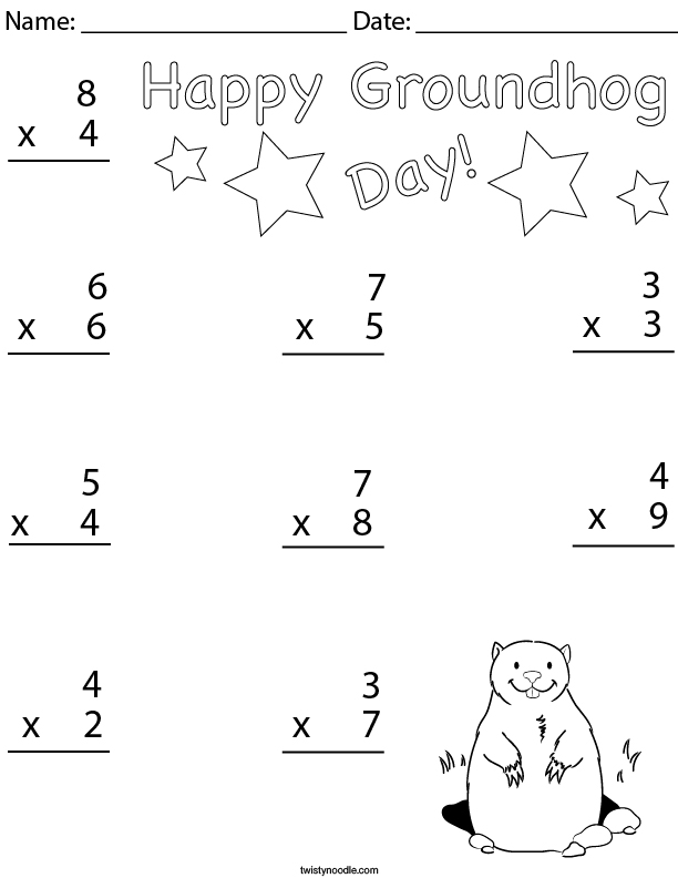 Groundhog Day 1 Digit Mulitplication Math Worksheet