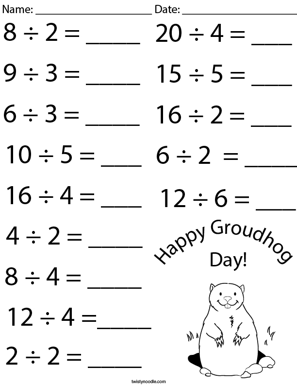 Groundhog Day Division Math Worksheet